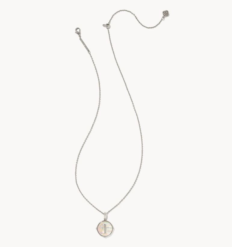 Letter I Silver Plated Disc Reversible Necklace in Iridescent Abalone by Kendra Scott