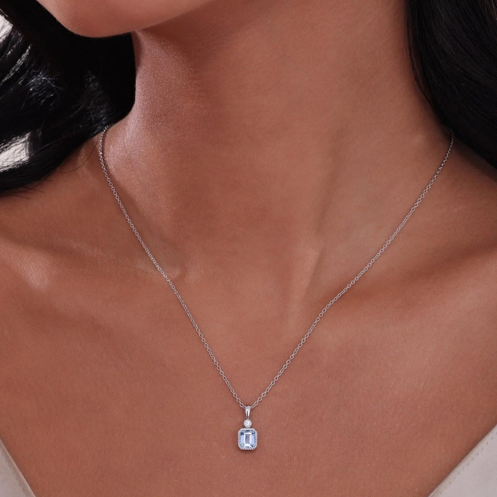 Ster Silver/PT 0.91cttw Simulated Diamond & Simulated Aquamarine Pendant Necklace