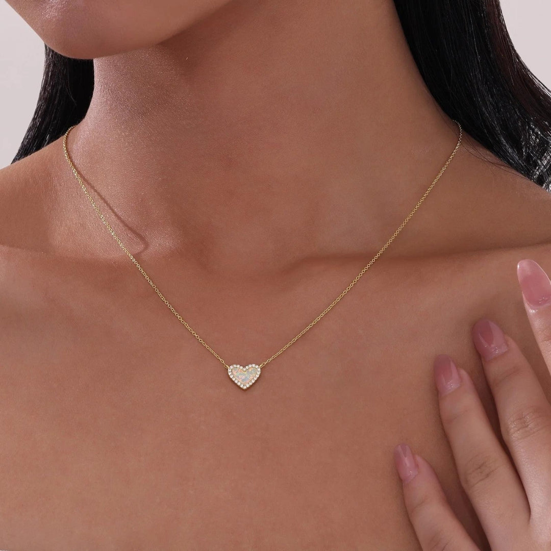 SS/GP 2.20cttw Simulated Opal & Simulated Diamond Heart Necklace 18"