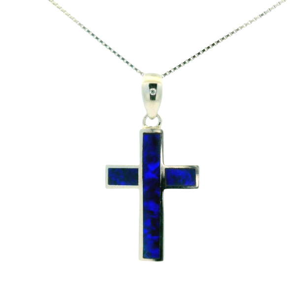 Sterling Silver Free-Form Doublet Opal Cross Pendant Necklace 17"