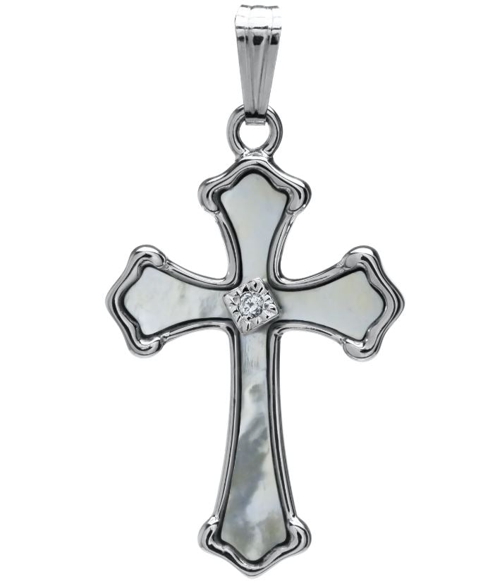 Sterling Silver Cross with MOP & CZ on Rolo Chain 18"