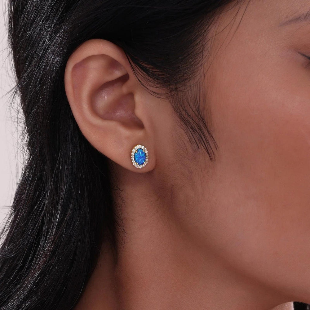 SS/GP 1.94cttw Simulated Diamond & Simulated Blue Opal Halo Stud Earrings