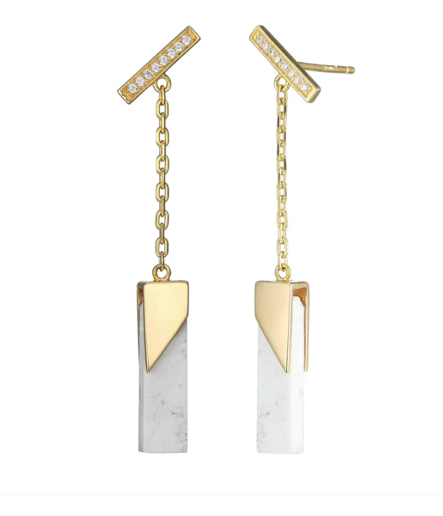Sterling Silver 18K Yellow Gold Plated Bar Drop Earrings with Genuine Howlite by Elle