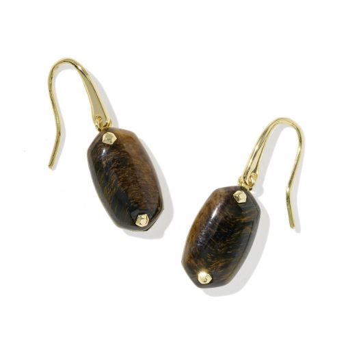 Lee Riveted Yellow Gold Plated Dark Brown Hawk's Eye Drop Earrings by Kendra Scott