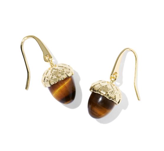 Acorn Gold Plated Brown Tigers Eye Drop Earrings by Kendra Scott