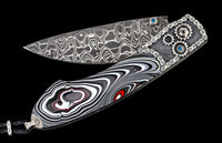 Hemi Hand Carved SS Inlaid with Fordite, Blade Intrepid Damascus, Kashmir Blue Topaz, 015/100 by William Henry