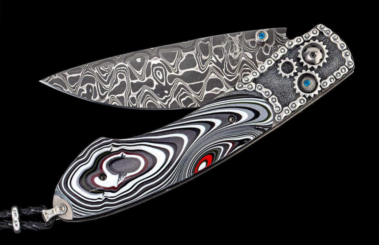 Hemi Hand Carved SS Inlaid with Fordite, Blade Intrepid Damascus, Kashmir Blue Topaz, 015/100 by William Henry