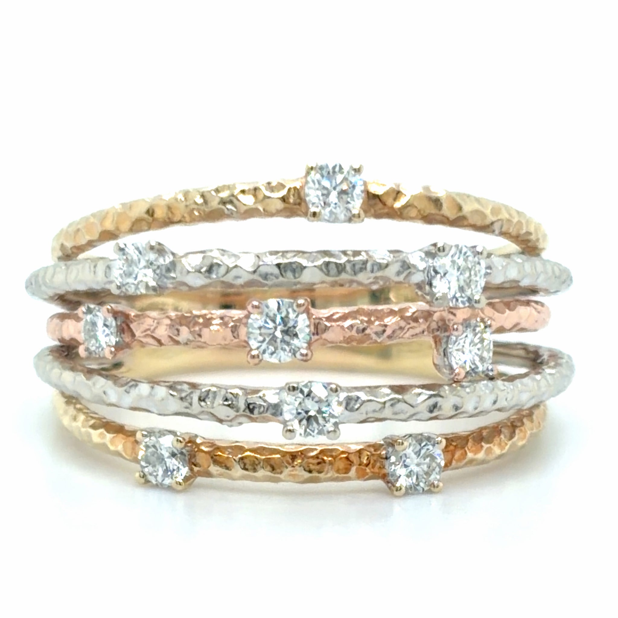 Estate Tri-Color Gold & Diamond Hammered Ring