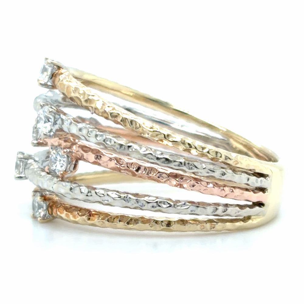 Estate Tri-Color Gold & Diamond Hammered Ring