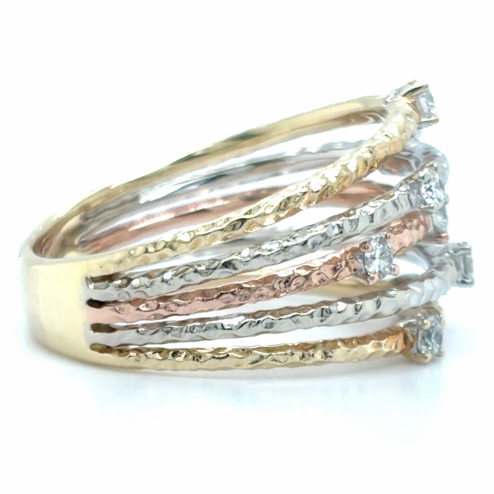 Estate Tri-Color Gold & Diamond Hammered Ring