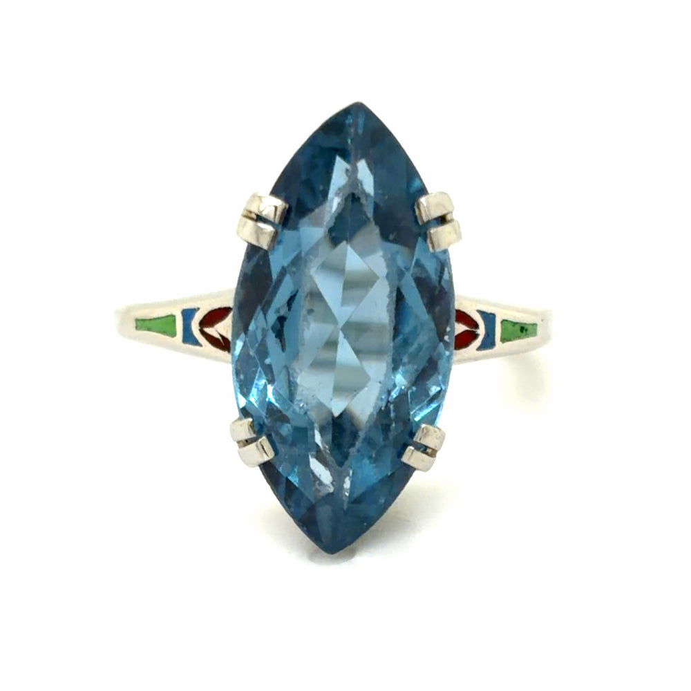 Estate Blue Topaz Navette Ring with Enamel Details