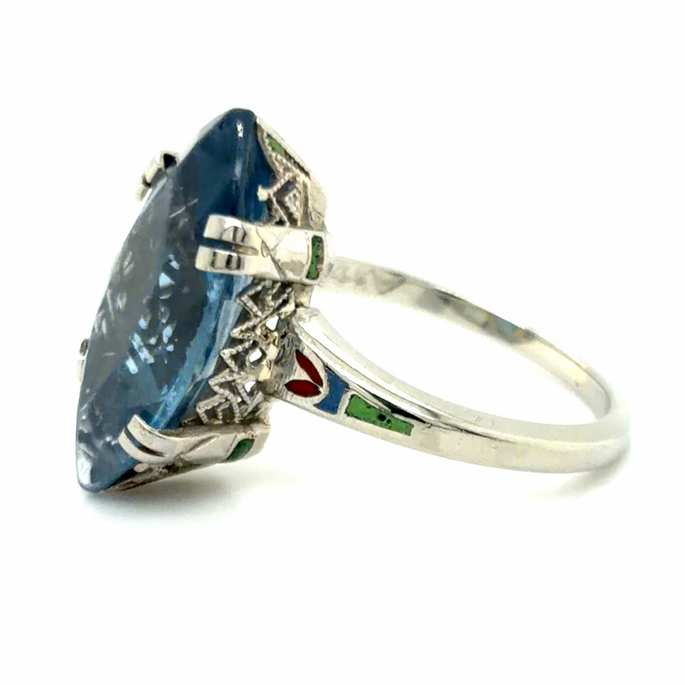 Estate Blue Topaz Navette Ring with Enamel Details
