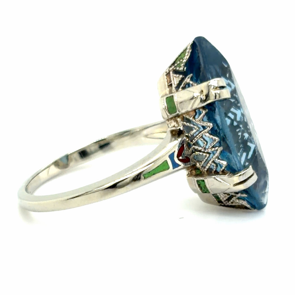 Estate Blue Topaz Navette Ring with Enamel Details