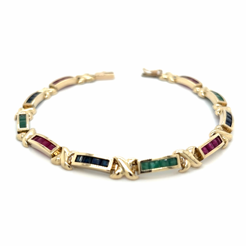 Estate Ruby, Emerald, & Sapphire Channel Set Link Bracelet 7"