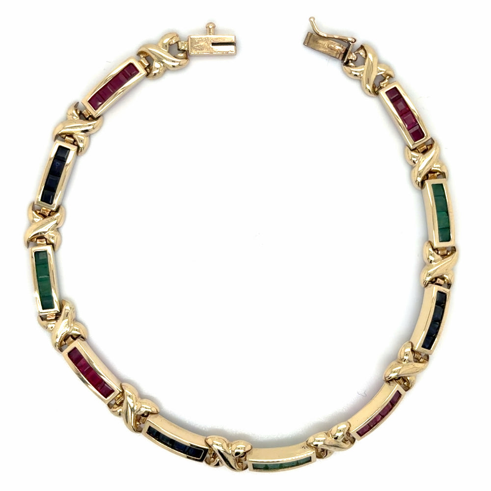 Estate Ruby, Emerald, & Sapphire Channel Set Link Bracelet 7"