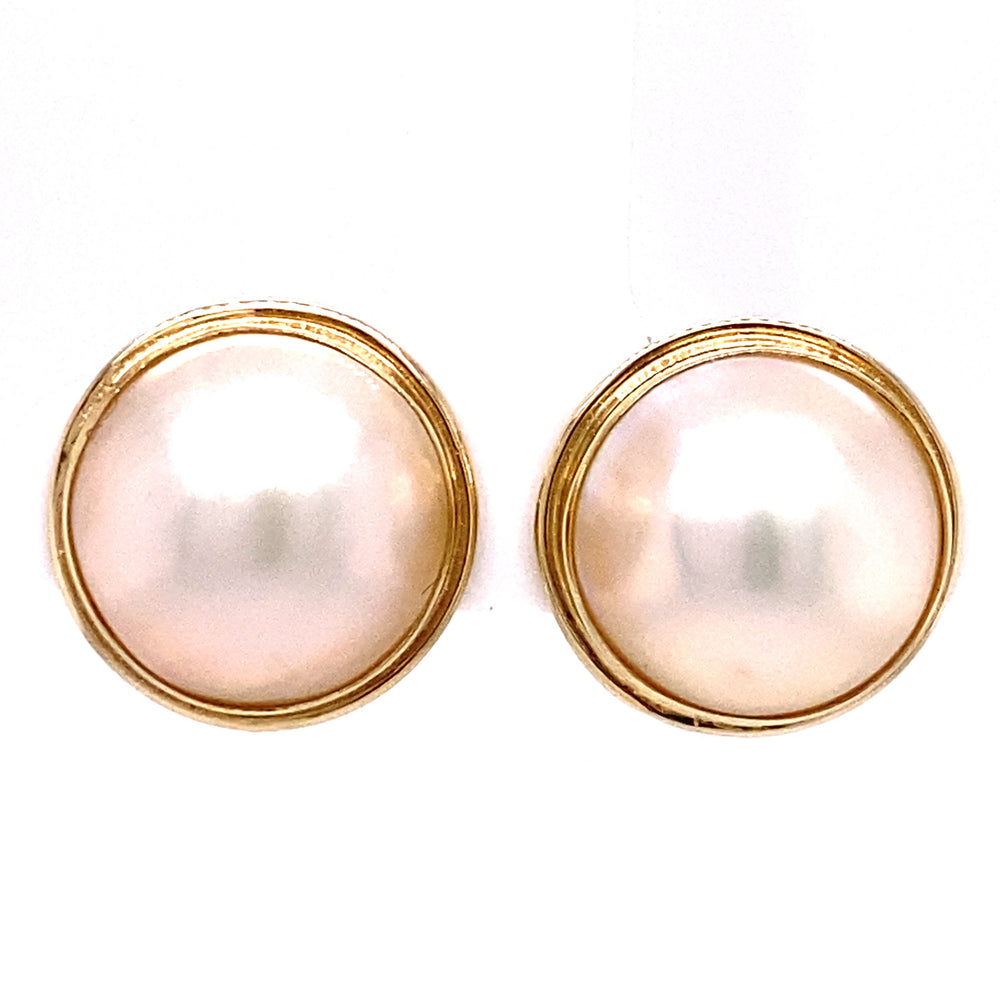 Estate Pair 14K YG Mabe' Pearl Button Stud Earrings