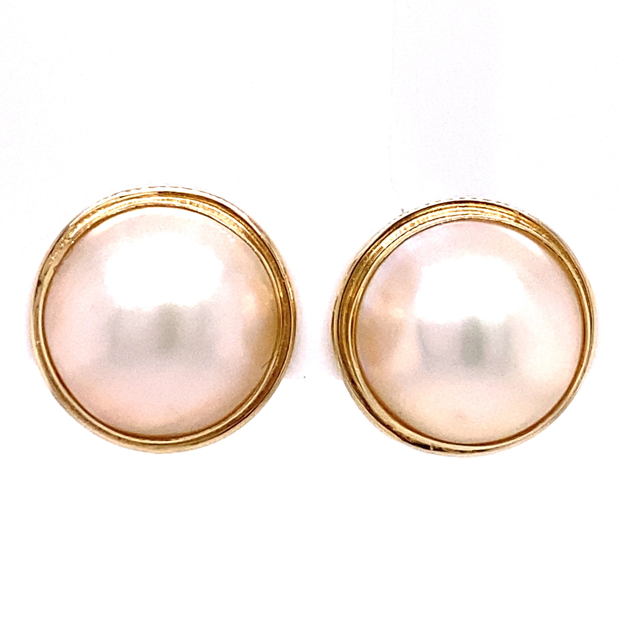 Estate Pair 14K YG Mabe' Pearl Button Stud Earrings