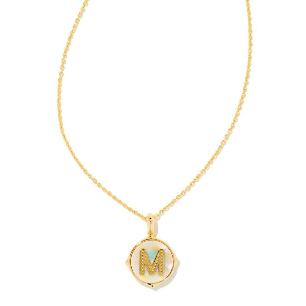 Letter M Gold Disc Pendant in Iridescent Abalone by Kendra Scott