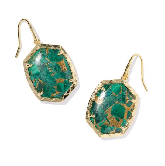 Daphne Gold Plated Bronze Veined Green Malachite Drop Earrings by Kendra Scott