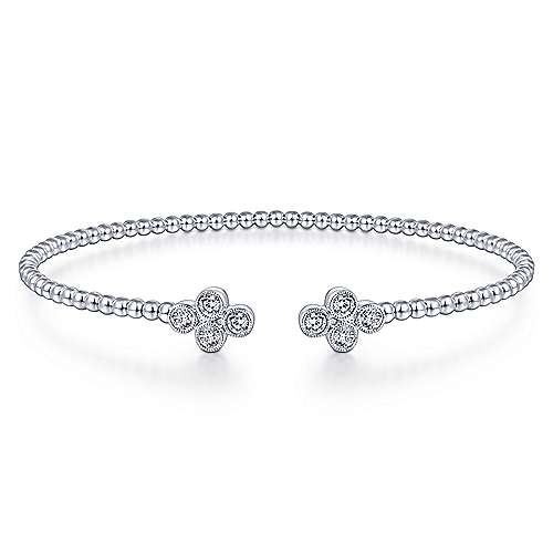 14K White Gold Bujukan Bead Split Cuff Bracelet with Quatrefoil 0.38cttw Diamond Endcaps by Gabriel