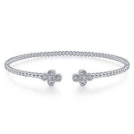 14K White Gold Bujukan Bead Split Cuff Bracelet with Quatrefoil 0.38cttw Diamond Endcaps by Gabriel