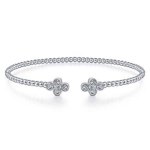 14K White Gold Bujukan Bead Split Cuff Bracelet with Quatrefoil 0.38cttw Diamond Endcaps by Gabriel