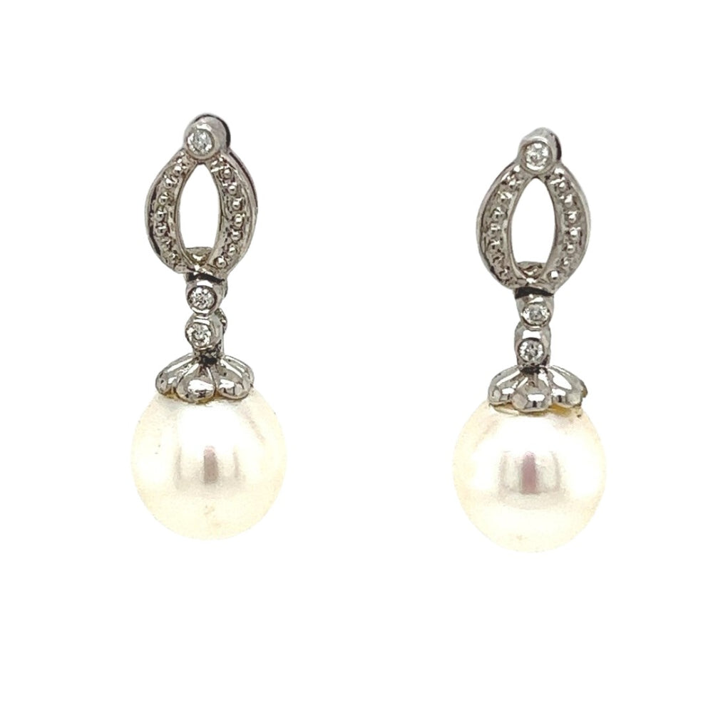 Sterling Silver 8-8.5mm FW Pearl & 0.049cttw Diamond Earrings