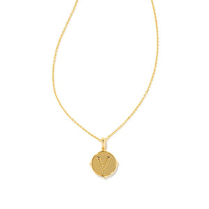 Letter V Gold Plated Disc Reversible Necklace in Iridescent Abalone by Kendra Scott