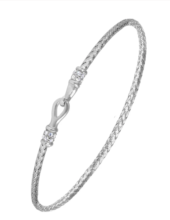 Sterling Silver 2mm Mesh Bangle with CZ & Rhodium Finish