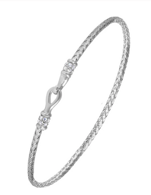 Sterling Silver 2mm Mesh Bangle with CZ & Rhodium Finish