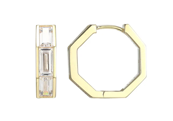 Sterling Silver Yellow Gold Plated Baguette CZ Hoop Earrings by Elle