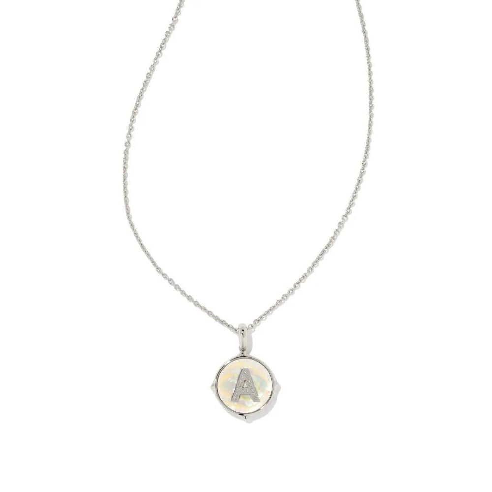 Letter A Silver Plated Disc Reversible Necklace in Iridescent Abalone by Kendra Scott