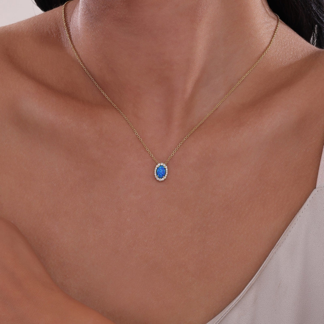 SS/GP 0.97cttw Simulated Blue Opal & Simulated Diamond Halo Pendant Necklace 18"