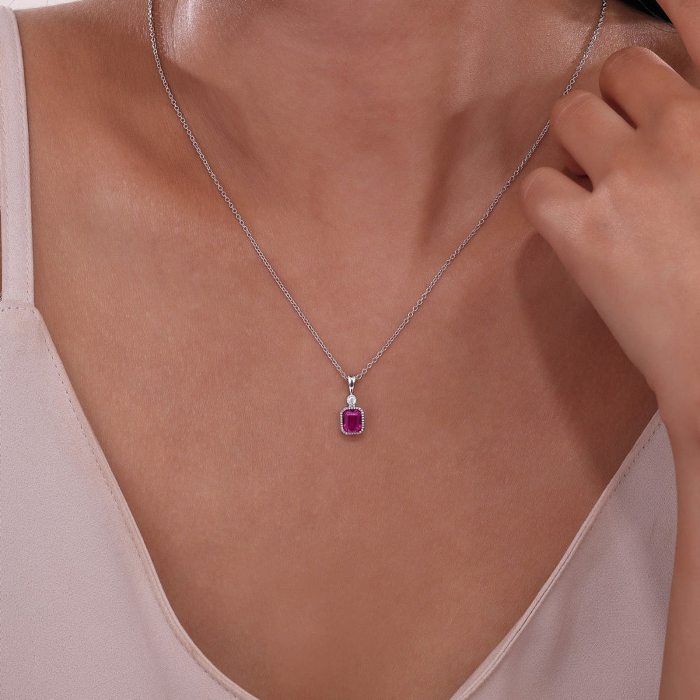 SS/PT 0.91cttw Simulated Diamond & Lab Grown Ruby Pendant Necklace