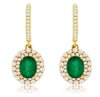 14K Yellow Gold  Gold 1.40cttw Emerald & 0.85cttw Diamond Earrings