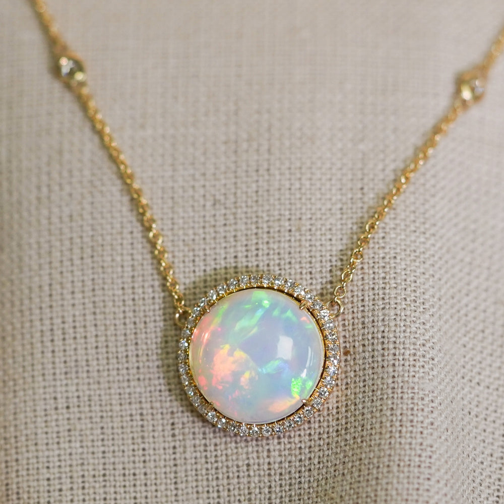 14K Yellow Gold 2.38cttw Opal & 0.21cttw Diamond Necklace