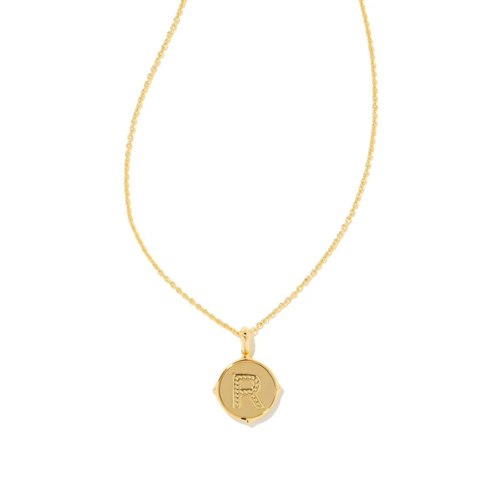 Letter R Gold Plated Disc Pendant in Iridescent Abalone by Kendra Scott
