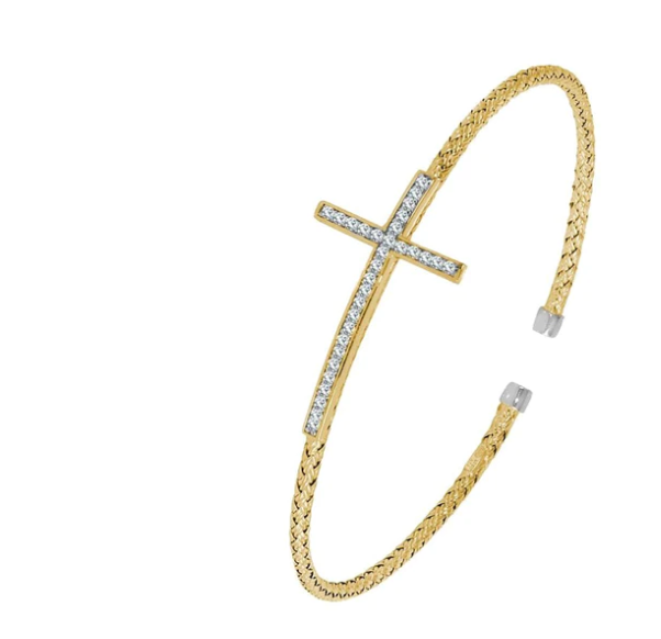 Sterling Silver Gold Plated Mesh Cross Cuff with CZ by Charles Garnier