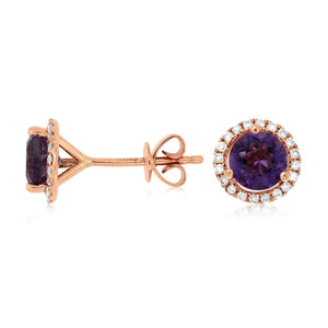 14K Rose Gold Amethyst & Diamond Stud Earrings