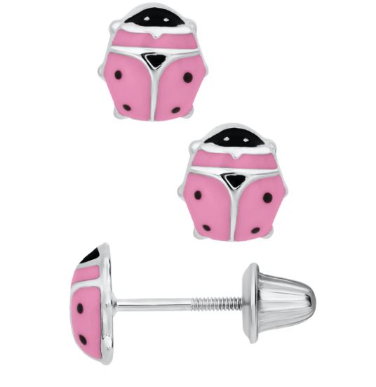 Sterling Silver Pink Ladybug Earrings