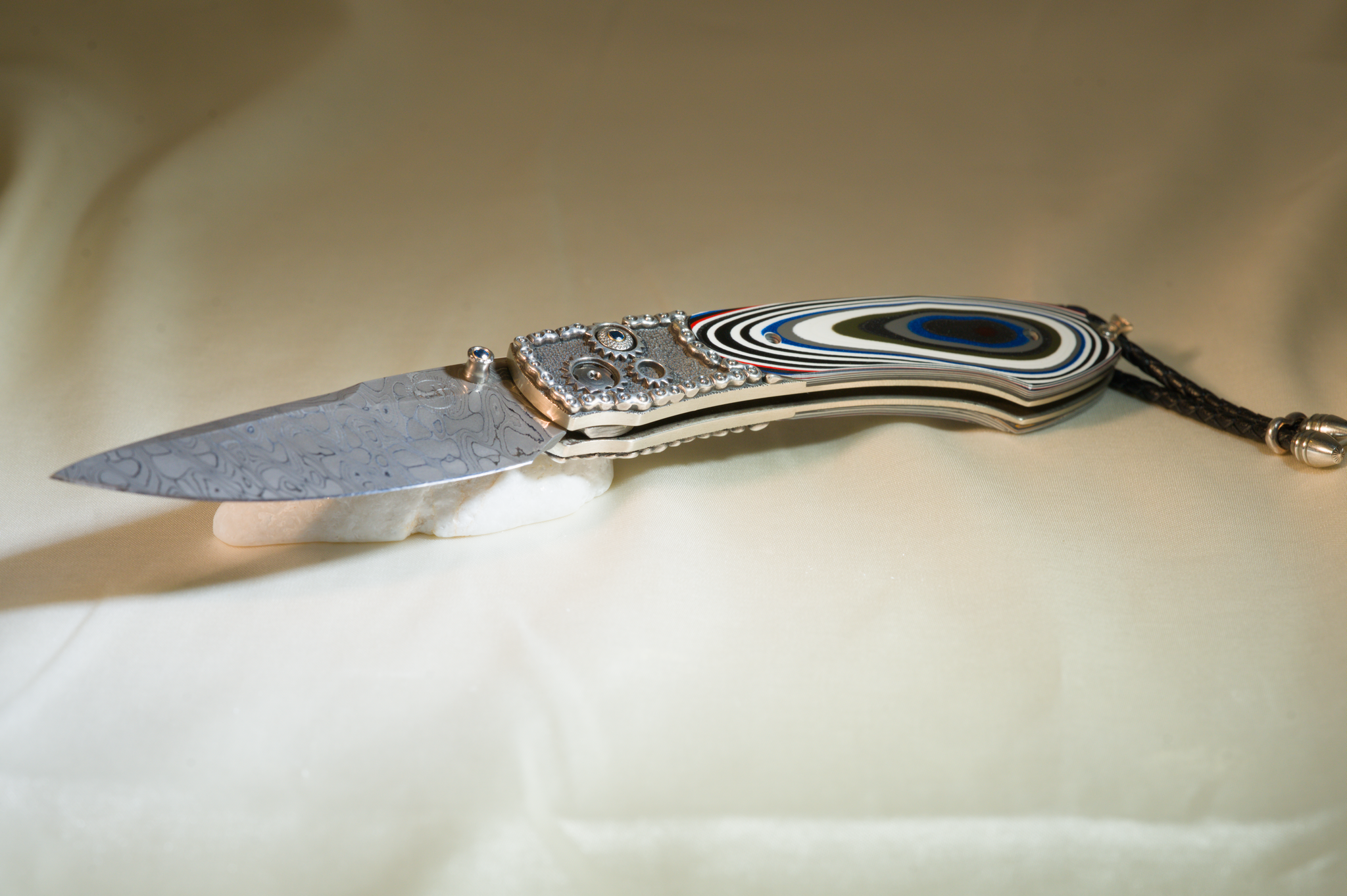 Hemi Hand Carved SS Inlaid with Fordite, Blade Intrepid Damascus, Kashmir Blue Topaz, 015/100 by William Henry