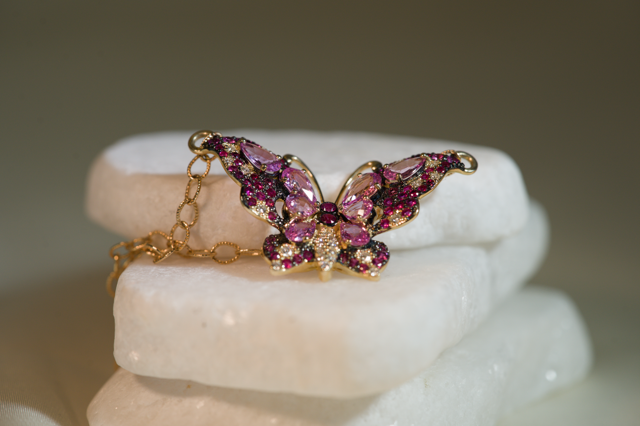 14K Yellow Gold Pink Sapphire & Diamond Butterfly Pendant by Bellarri