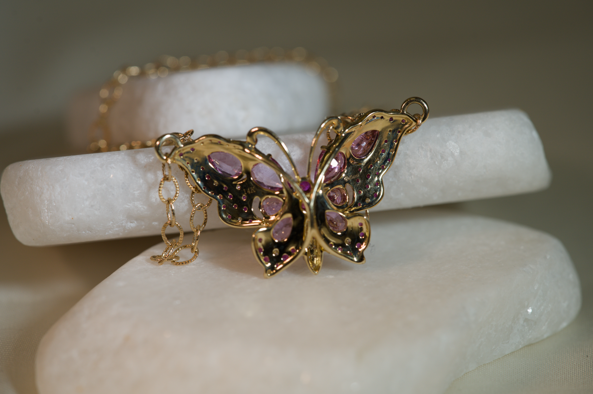14K Yellow Gold Pink Sapphire & Diamond Butterfly Pendant by Bellarri