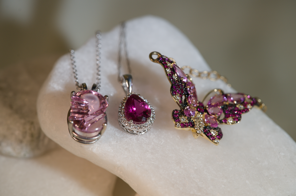 14K Yellow Gold Pink Sapphire & Diamond Butterfly Pendant by Bellarri