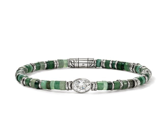 JH Lovestruck Heishi Silver Bracelet with 1.00ct Oval LAB GROWN Diamond with Malachite Beads Treated with Green Quartz, Green Aventurine, Chrysoprase, & Emerald Sz M