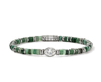 JH Lovestruck Heishi Silver Bracelet with 1.00ct Oval LAB GROWN Diamond with Malachite Beads Treated with Green Quartz, Green Aventurine, Chrysoprase, & Emerald Sz M