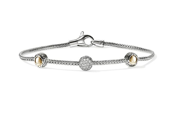 JH Essentials 14K Gold & Silver 0.24cttw Diamond Pave Station Bracelet Chain Bracelet Sz M by John Hardy