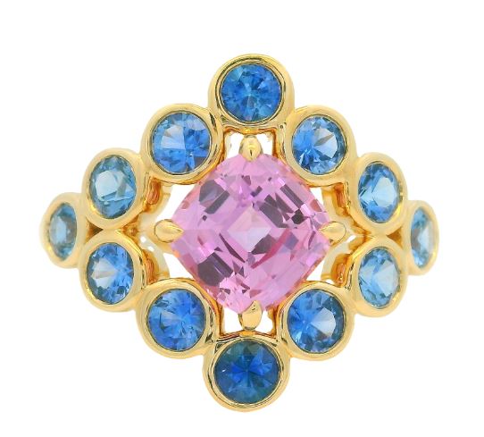 14K Yellow Gold 1.69ct Cushion Pink Sapphire with 1.50cttw Blue Sapphire Ring