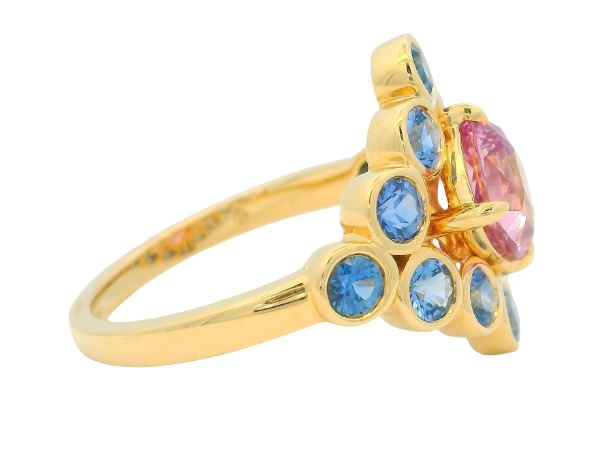 14K Yellow Gold 1.69ct Cushion Pink Sapphire with 1.50cttw Blue Sapphire Ring