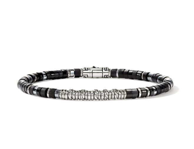 Heishi Silver Bracelet with 4mm Matte Treated Black Onyx, Treated Black Onyx, & Hematite Sz XL by John Hardy